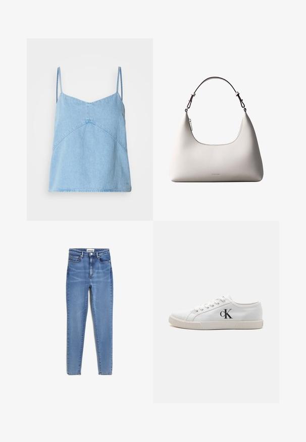 Hellblaues Denim-Camisole-Oberteil mit dünnen Trägern, V-Ausschnitt und geometrischen Nahtdetails. Weicher Stoff und leicht lockere Passform.; Hellblaue Skinny Jeans aus Denim mit hoher Taille, fünf Taschen und kupferfarbenen Beschlägen. Glatte Textur mit leichter Ausbleichung.; Weiße Canvas-Sneaker mit niedrigem Design, ausgestattet mit einer Gummisohle und einem schwarzen "CK"-Logo an der Seite. Sechs Ösen mit weißen Schnürsenkeln.; Cremefarbene Calvin Klein Lederschultertasche mit gebogener Oberkante, silbernem Reißverschluss und dunkelbraunem verstellbarem Riemen.