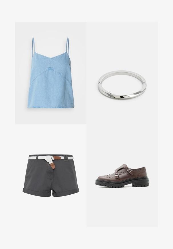 Lichtblauwe denim camisole top met dunne bandjes, v-halslijn en geometrische naaddetails. Zachte textuur en iets ontspannen pasvorm.; Grijze katoenen shorts met opgerolde omslagen, voorzien van een witte gevlochten riem en bruine leren accenten. Stikdetails zijn zichtbaar op de stof.; Bruine leren brogue derby schoen met dubbele zilveren gespen en een dikke zwarte profielzool, zijaanzicht op witte achtergrond.; Zilveren metalen armband met een gladde, glanzende oppervlakte en platte randen. Heeft een open cirkelontwerp met een subtiele sluiting.