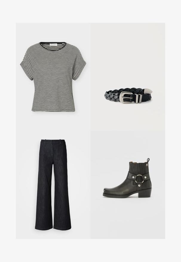 Sort-hvid kortærmet t-shirt med vandrette striber, rund halsudskæring og afslappet pasform.; Sorte viddebenede denimbukser med en tekstureret finish, udstyret med bæltestropper og en ren kant. Klassisk design, velegnet til forskellige lejligheder.; Sort læder ankelstøvle med rund tå, ribbede elastiske sider, en metallisk ringdetalje og en lav blokhæl.; Sort fletbælte i læder med sølvfarvet metalspænde og spids, vist sammenrullet på en hvid baggrund.