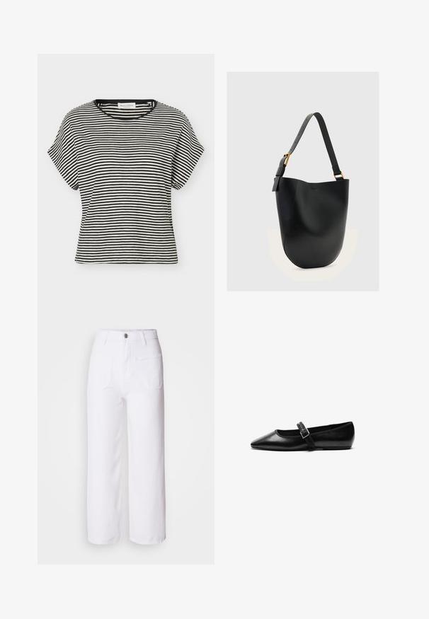 Sort-hvid kortærmet t-shirt med vandrette striber, rund halsudskæring og afslappet pasform.; Hvide denim bukser med bred ben, knaplukning, bæltestropper, to forlommer og en enkelt baglomme. Holdbart og struktureret stof.; Sorte flade sko lavet af læder med spidse tæer, justerbar rem med metalspænde, glat tekstur og minimalistisk design.; Sort læderbuckettaske med justerbar skulderrem og spænde i guldfarve på en ensfarvet lys grå baggrund.