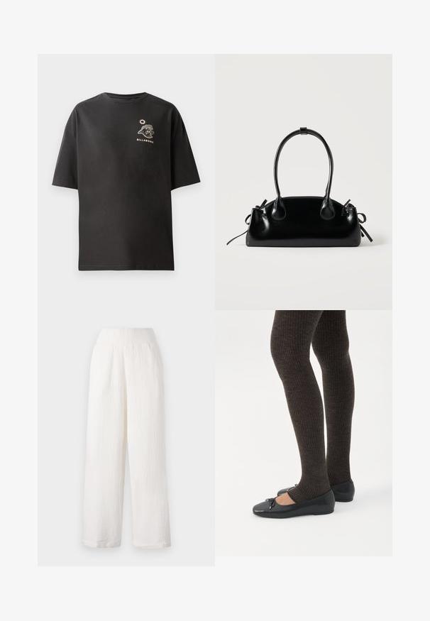 T-shirt noir à manches courtes avec un petit logo et un graphisme Billabong blanc sur la poitrine. Fabriqué en coton doux avec une coupe décontractée.; Pantalons larges blancs en tissu texturé et froissé. Dotés d'une taille élastique et de poches latérales pour plus de commodité.; Jambes portant des leggings côtelés foncés associés à des ballerines noires avec de petits détails en nœud sur fond blanc.; Petit sac à main noir brillant avec deux longues anses et des détails à cordon sur les côtés sur un fond clair uni.
