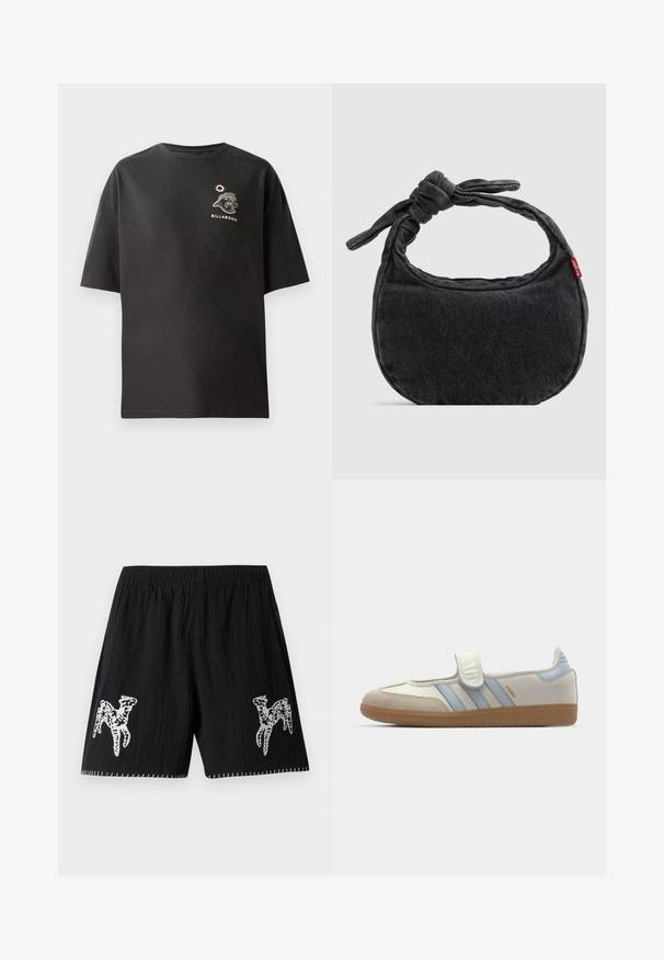 Sort t-shirt med korte ærmer, der har et lille hvidt Billabong logo og grafisk motiv på brystet. Fremstillet af blød bomuld med en afslappet pasform.; Sorte shorts i struktureret stof; har hvid broderet design på begge ben og kontrastsyninger langs kanten. Elastisk talje.; adidas Originals SAMBA JANE BALLERINA - Ballerinasko m/ rem - cloud white/halo blue; Lille sort denim skuldertaske med knyttet rem og lynlåslukning, med en rød Levi's stofetiket på siden.