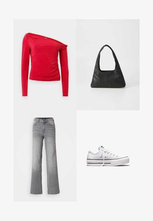 Top largo de manga larga rojo con neckline asimétrico, detalles fruncidos en el lateral y tejido suave y ligero. Textura suave con costuras mínimas.; Vaqueros de mezclilla gris de pernera recta y cintura alta, con botón y cremallera frontales, bolsillos delanteros y traseros, y efectos de desvanecimiento en los muslos y las pantorrillas.; Zapatilla blanca de lona de corte bajo con cordones blancos, suela de goma, detalles de rayas negras y parche de logo en la lengüeta y el talón.; Bolso de cuero negro con forma triangular, un gran asa recortada y costuras detalladas a lo largo de los bordes. Textura suave.