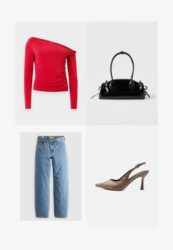 Rød langærmet top med asymmetrisk halsudskæring, skrådetaljer i siden og blødt, let stof. Glat tekstur med minimale sømme.; Lysblå denim jeans med lige ben-design, fem lommer, lynlås og en subtil falmet tekstur. Klassisk stil med minimal hardware.; Brun lædersandal med høj hæl, spids tå, justerbar rem med spænde og slank tilspidset hæl.; Lille sort blank håndtaske med to lange håndtag og snøre-detaljer i siden på en ensfarvet lys baggrund.