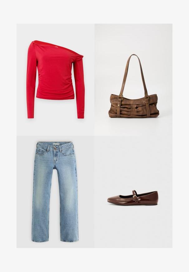 Haut à manches longues rouge avec un décolleté asymétrique, des détails froncés sur le côté et un tissu doux et léger. Texture lisse avec des coutures minimales.; Jeans droits bleu clair en denim, dotés d'une fermeture à bouton, de cinq poches et d'un léger dégradé le long des jambes.; Ballerine en cuir verni marron avec un bout carré et une lanière ornée d'une petite boucle dorée. Texture lisse, talon bas et design minimaliste.; Even&Odd by Zalando Sac à main - brown