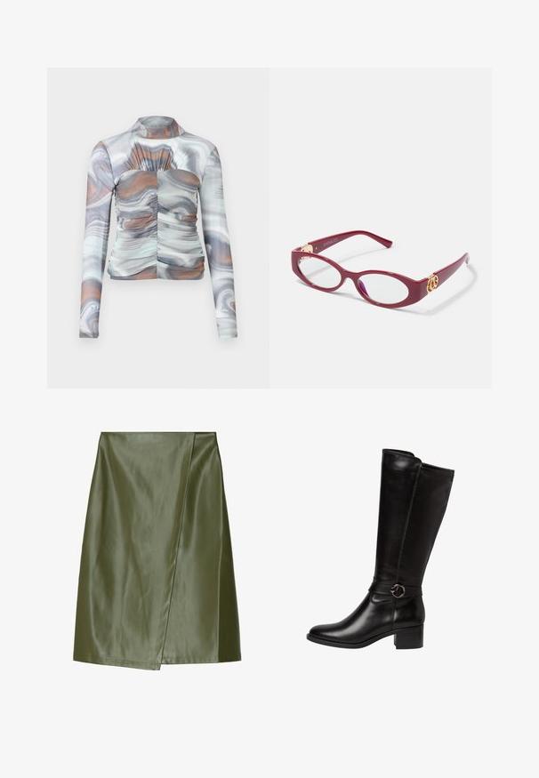 Langærmet, tætsiddende top i et marmor mønster med nuancer af grå, hvid og brun. Har en høj halsudskæring og samlingdetaljer foran.; Oliven grøn faux læder mini skirt med et diagonalt omslagdesign, glat tekstur og pæne syninger langs kanterne.; Sorte læder knæhøje støvler med en rund tå, et dekorativt bånd med en cirkulær spænde og en lav blokhæl. Glat, blank overflade.; Røde plastikbriller med ovalt stel og klare linser. Har guldfarvede hardware-detaljer på stængerne og et slankt moderne design.