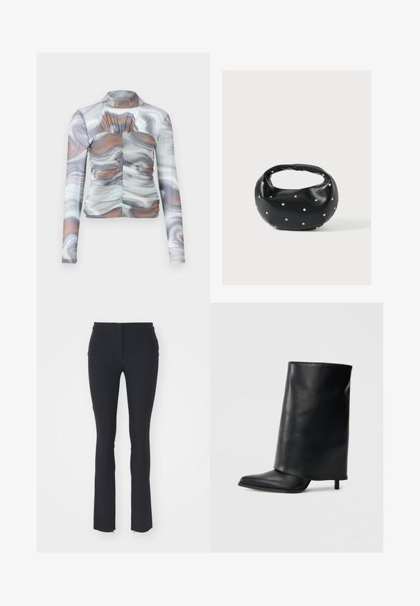 Haut ajusté à manches longues avec un motif marbré dans des teintes de gris, blanc et marron. Il présente un col montant et des détails froncés à l'avant.; Pantalons noirs extensibles avec un design ajusté, présentant une texture lisse, une coupe droite et de petites fermetures éclair sur le côté à l'ourlet.; Bottine en cuir noir avec un design structuré à rabat, bout pointu et talon fin. Texture lisse avec un minimum de détails.; Sac à main en cuir noir de forme arrondie, décoré de clous argentés et équipé d'une poignée courte. Texture lisse et fermeture éclair.