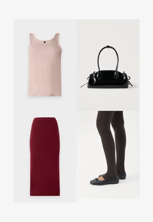 Camiseta sin mangas de color rosa claro con escote redondo, exhibida extendida sobre un fondo blanco.; Falda midi de punto burdeos con una silueta ajustada, textura suave y cinturilla. Sin costuras ni patrones visibles. Color sólido en todo.; Piernas con leggings oscuros acanalados combinados con bailarinas negras que presentan pequeños detalles de lazo sobre un fondo blanco.; Pequeño bolso negro brillante con dos asas largas y detalles de cordón lateral sobre un fondo claro liso.