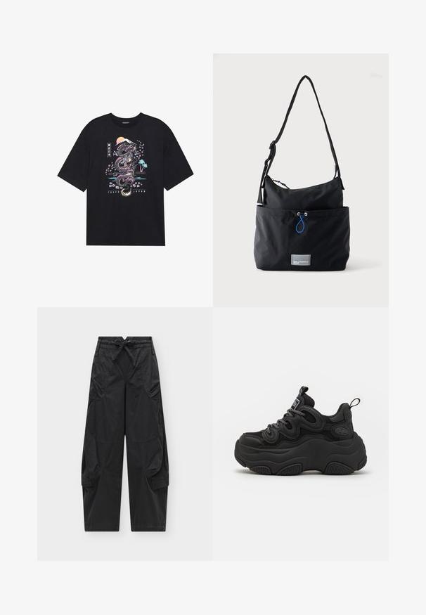 Camiseta negra con un gráfico colorido de un dragón, flores de cerezo, sol y montaña. El texto dice "Tokio Japón" debajo del diseño.; Pantalones cargo negros con cintura elástica con cordón, múltiples bolsillos delanteros y laterales, y piernas rectas y holgadas sobre un fondo liso.; Zapatilla negra con un diseño voluminoso, que presenta una parte superior texturizada, paneles de malla y una suela de goma gruesa. Cuerdas reflectantes y detalles de marca visibles.; Bolso de tela negra para hombro con correa ajustable, bolsillo delantero con cordón azul y pequeña etiqueta rectangular con el logo en la base.