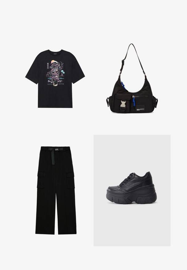 Camiseta negra con un gráfico colorido de un dragón, flores de cerezo, sol y montaña. El texto dice "Tokio Japón" debajo del diseño.; Pantalones cargo negros con un diseño de pierna ancha, cinturilla elástica con un cinturón y dos grandes bolsillos laterales para almacenamiento.; Zapatillas negras con cordones y suela gruesa, con parte superior de cuero suave, punta redondeada y un diseño de plataforma en capas distintivo.; Bolso de hombro negro de nylon con forma curvada, correa ajustable, bolsillo frontal con cierre, acento azul y detalle de logo.
