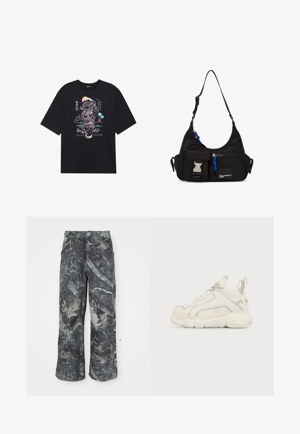 Camiseta negra con un gráfico colorido de un dragón, flores de cerezo, sol y montaña. El texto dice "Tokio Japón" debajo del diseño.; Jeans de pierna ancha con estampado de camuflaje en tonos gris oscuro y verde, con cierre de botón y bolsillos laterales. Fabricados en denim texturizado.; Zapatilla deportiva blanca gruesa con suela gruesa, detalle plateado en el talón y el lateral, cordones en la parte delantera y lengüeta en la parte trasera.; Bolso de hombro negro de nylon con forma curvada, correa ajustable, bolsillo frontal con cierre, acento azul y detalle de logo.