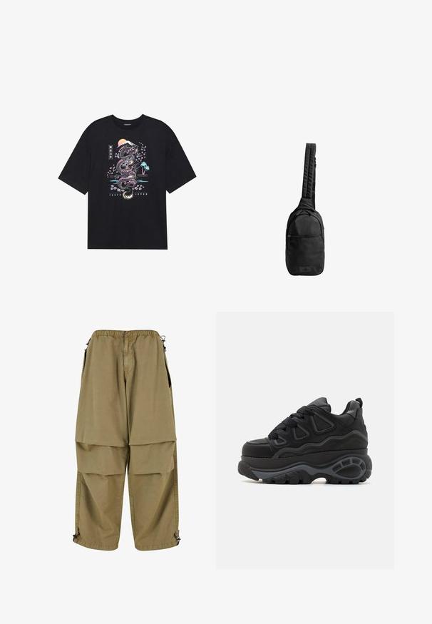 Camiseta negra con un gráfico colorido de un dragón, flores de cerezo, sol y montaña. El texto dice "Tokio Japón" debajo del diseño.; Pantalones cargo color caqui con cintura elástica, grandes bolsillos frontales y puños ajustables. Están hechos de una tela ligera con una textura suave.; Buffalo Zapatillas skate - black; Bolso de hombro negro hecho de tejido texturizado, con una sola correa acolchada, bolsillo con cremallera en la parte frontal y parche con el logo en la base.