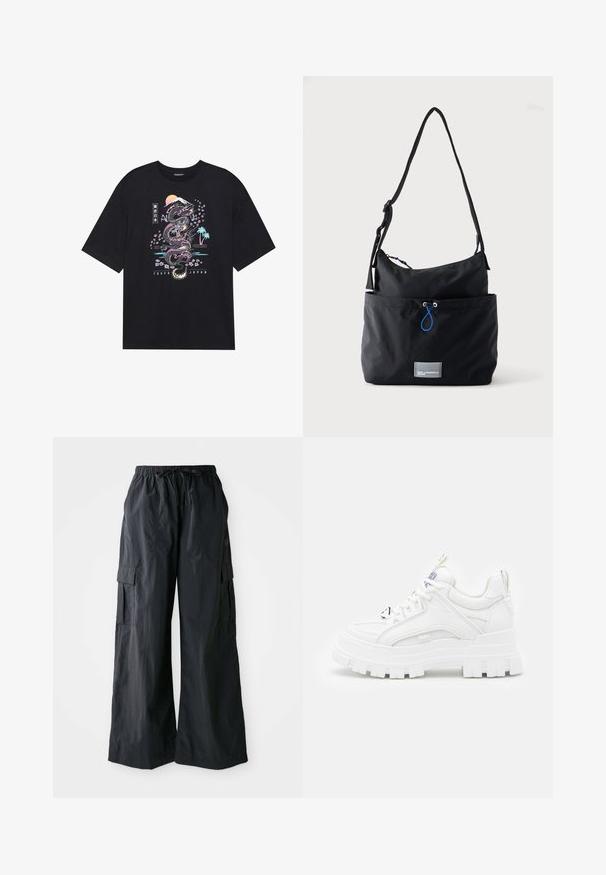 Camiseta negra con un gráfico colorido de un dragón, flores de cerezo, sol y montaña. El texto dice "Tokio Japón" debajo del diseño.; Pantalones cargo negros hechos de una tela ligera, con un diseño de pierna ancha, cinturilla elástica y múltiples bolsillos laterales. Sencillos y funcionales.; Zapatillas deportivas blancas y gruesas con un revestimiento texturizado, cuello acolchado y suela gruesa y estriada. Presentan cordones negros en contraste y un detalle de marca.; Bolso de tela negra para hombro con correa ajustable, bolsillo delantero con cordón azul y pequeña etiqueta rectangular con el logo en la base.