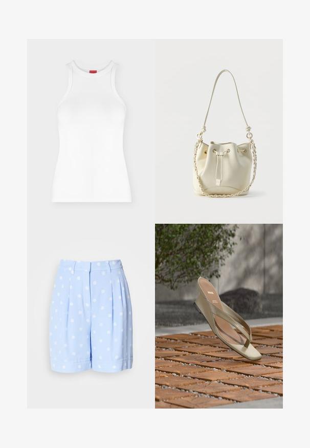 Hvid ærmeløs ribbet tanktop med høj rund hals og tætsiddende pasform vist på en ensartet lys baggrund.; Lyseblå shorts lavet af glat stof, prydet med hvide prikker, frontfolder og opsmøgede ærmer. Skræddersyet talje med bæltestropper.; Beige læder tåsandal med BOSS-logo på indersålen, svævende over en terrasse med trælameller og små sten imellem.; Hvid læder bucket-taske med snørelukning, flettet kæde og læder skulderrem samt guldfarvede øjer.