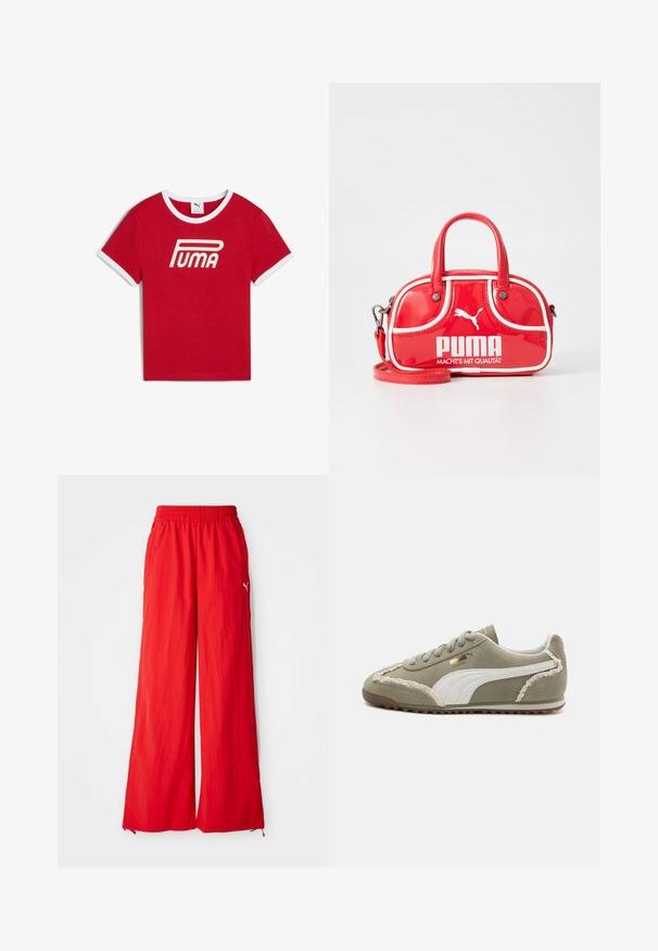 Rode katoenen t-shirt met witte geribde kraag en mouwranden, met een prominente witte "PUMA" logo over de voorkant.; Rode wijde broekspijpen gemaakt van lichtgewicht materiaal, met een elastische tailleband, zijzakken en een subtiele logo-detail aan de zijkant.; Groene suède sneakers met witte leren accenten, geprofileerde stiksels, vetersluiting aan de voorkant en rubberen zool. Bevat unieke ontwerpelementen langs de zijkanten.; Rode leren mini-handtas met witte accenten, ronde vorm, dubbele handvatten, afneembare schouderriem en prominent PUMA-logo.