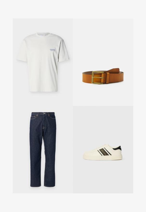 Wit T-shirt met korte mouwen en ronde hals, met kleine blauwe tekst "Lindbergh Oyster Club" op de linkerborst.; Donkerblauwe denim jeans met een rechte pijpdesign. Beschikt over een knoop- en ritssluiting, vijf zakken en contrasterende stikdetails.; Beige leren sneaker met zwart-witte strepen, ronde neus, platte rubberen zool en logo-detail op de zijkant en hiel.; BOSS JORIS - Riem - medium brown