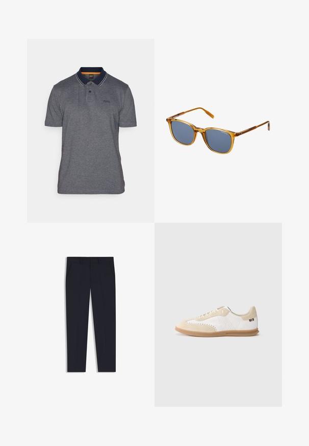 Polo shirt gris foncé avec un col marine et des accents blancs, doté d'une patte de boutonnage à trois boutons et d'un logo brodé sur la poitrine gauche.; Pantalon marine à coupe ajustée, avec deux poches avant, un design à plat et une texture lisse. Sans motifs ni ornements visibles.; Baskets blanches avec accents en daim beige clair, détails perforés, lacets plats et semelle en caoutchouc naturel. Présentent un logo rayé sur le talon.; Lunettes de soleil en plastique transparent marron avec des verres gris foncé, de forme carrée, avec un logo discret sur la monture et une finition brillante.