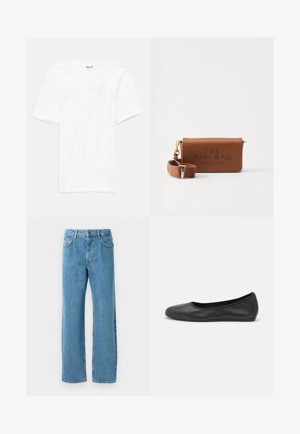 T-shirt blanc à manches courtes en coton avec trois appliqués floraux texturés sur le devant, doté d'un col rond et d'une coupe décontractée.; Jeans en denim bleu clair avec une coupe ample, présentant une taille haute, quatre poches et une fermeture éclair. Design classique à cinq poches.; Ballerines en cuir noir avec un bout rond, texture lisse, détails de couture minimalistes et design de semelle flexible.; Mini sac en cuir marron avec texte embossé, fermeture éclair et une sangle amovible pour un transport polyvalent. Accents dorés inclus.