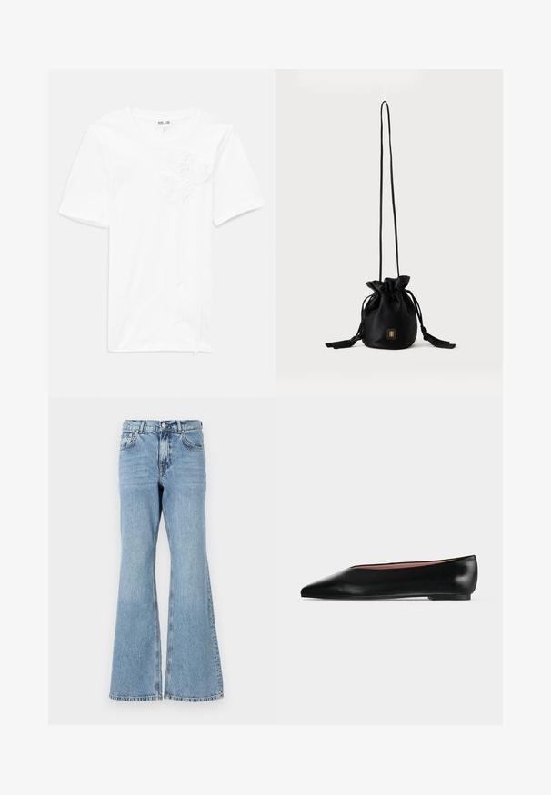 Witte korte mouwen t-shirt van katoen met drie textuur bloemen applicaties op de voorkant, voorzien van een ronde hals en een relaxte pasvorm.; Lichtblauwe flared jeans van denim met een hoge taille, voorzien van een knoopsluiting, vijf zakken en een vervaagde wassing met subtiele whiskering.; Zwarte leren damesschoen met platte zool, puntige neus en lage hak, zijwaarts afgebeeld tegen een effen lichtgrijze achtergrond.; Zwarte bucketbag met trekkoord, lange dunne band en klein goudkleurig vierkant logo aan de voorkant, weergegeven tegen een eenvoudige achtergrond.