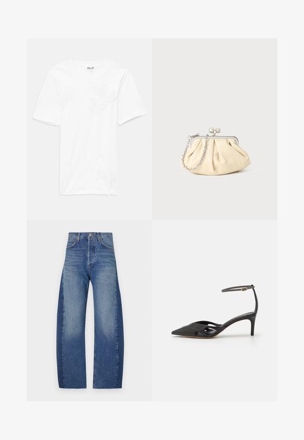 Hvid kortærmet t-shirt lavet af bomuld med tre teksturerede blomst-applikationer på forsiden, med en rund halsudskæring og en afslappet pasform.; Denimjeans i en lys til mørk blå gradient, med et afslappet, bredt benfit, fem-lomme design og synlige syninger.; Sort læder højhælet sko med spids tå, åbne sider og en tynd ankelrem med en lille guld detalje.; Plisseret beige læderclutch med en sølvmetalramme, der har to runde dekorative låse og en sølvkædetrasporte.