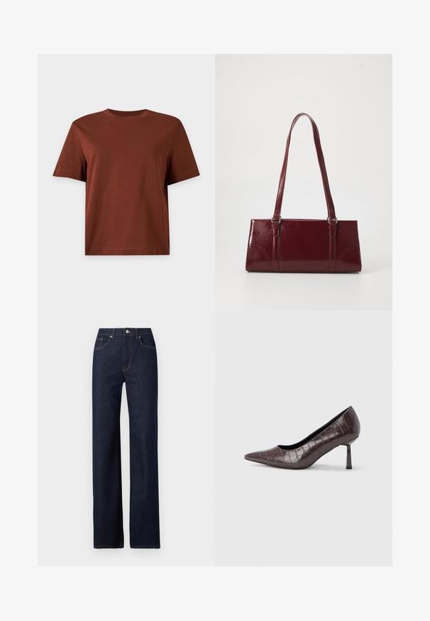 Effen bruine katoenen T-shirt met korte mouwen en een ronde hals, afgebeeld tegen een lichtgrijze achtergrond.; Donkerblauwe denim jeans met een rechte pijp, klassieke vijf-pocketstijl, zichtbare stiksels en een knoopsluiting aan de voorkant.; Bruine nepleren pumps met een puntige neus en krokodillenstructuur, voorzien van een slanke, hoekige hak en een gladde binnenvoering.; Bourgondische handtas van glanzend materiaal, rechthoekige vorm, met twee schouderbanden en subtiele gebogen accenten aan de voorkant.