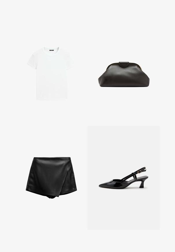 Hvid t-shirt med korte ærmer og rund halsudskæring, lagt fladt på en hvid baggrund.; Sorte faux læder shorts med høj talje, der har et indviklet design og en glat tekstur. Har rene linjer og ingen synlige lukninger.; Sort laklæderslingback med lille hæl, spids tå og justerbar guldlåsrem på hvid baggrund.; Blød sort læder clutch taske med en rundet ramme og en lille lukning i toppen midt på.