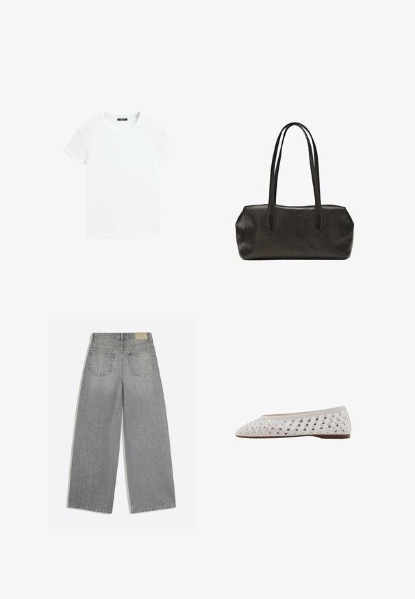 Hvid t-shirt med korte ærmer og rund halsudskæring, lagt fladt på en hvid baggrund.; Grå vidbenede denimjeans der viser bagsiden med to lommer og bæltestropper lagt fladt på hvid baggrund.; Balletflad i cremefarvet stof med sølvfarvede palietter arrangeret i et prik mønster, rund tå og lav brun sål. Tekstureret overdel for ekstra detalje.; Sort lædertaske i rektangulær form med lange dobbelte skulderremme og en struktureret overflade, vist mod en ensfarvet hvid baggrund.