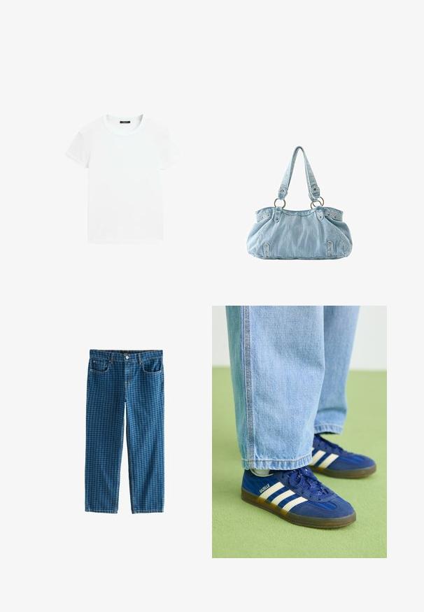 Hvid t-shirt med korte ærmer og rund halsudskæring, lagt fladt på en hvid baggrund.; Blå denim jeans med et ternet mønster. Har fem lommer, lynlås og en standard bæltestrop. Løs pasform, lige ben.; Blå ruskindsneakers med hvide striber og teksturerede mønstre, båret med lyseblå denimbukser, sat mod en grøn baggrund.; Lyseblå denim håndtaske med to skulderremme, der er fastgjort til metalliske ringe og dekorative nitter foran og på siderne.