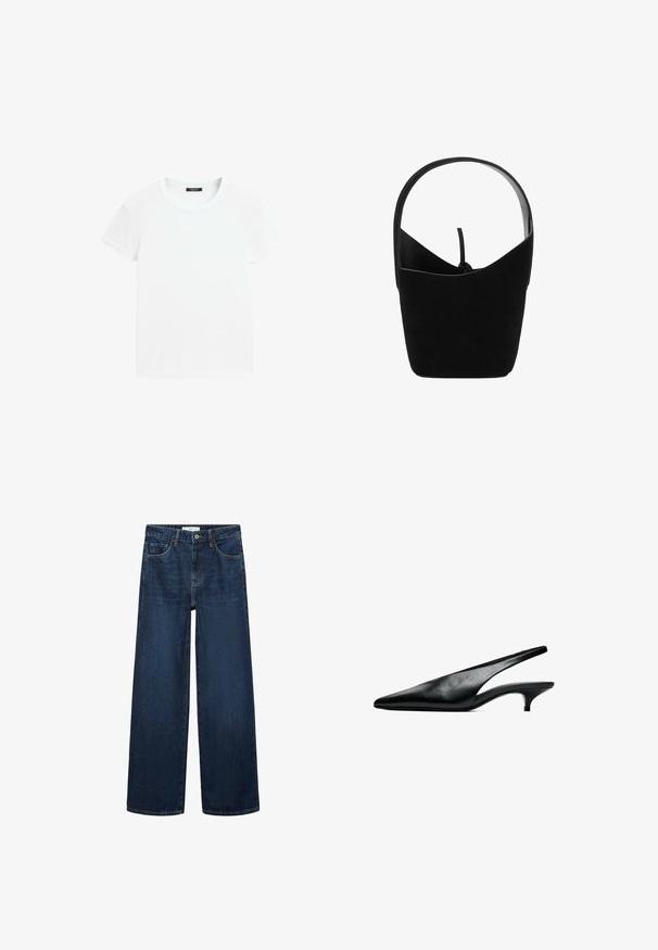Effen wit t-shirt met korte mouwen en ronde hals, plat gelegd op een witte achtergrond.; Brede donkerblauwe denim jeans met hoge taille, voorzien van vijf zakken en een klassieke knoopsluiting. Glad textuur en rechte snit.; Zwarte leren slingback kittenheel schoen met spitse neus en lage gebogen hak op witte achtergrond.; Mango Handtas - black