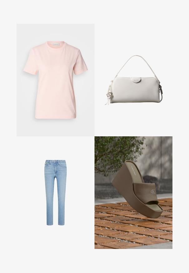 Lyserød bomulds T-shirt med rund halsudskæring. Har korte ærmer og lille "ck" logo broderet på brystet. Glat tekstur.; Lyseblå denimjeans, lige snit, fem-lommer stil, med forreste knap- og lynlås lukning, med subtile falmninger og syningsdetaljer.; Brun Calvin Klein platform slide sandal med stofrem og præget "ck" logo på trægulv udendørs.; Hvid rektangulær Calvin Klein håndtaske med enkelt håndtag, minimalistisk design og dekorative kvaster med geometrisk metalvedhæng på siden.
