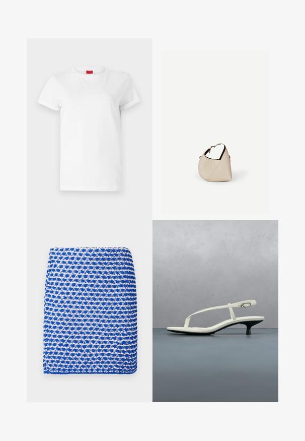 T-shirt blanc à manches courtes en coton léger. Présente un col rond et des manches retroussées. Étiquette logo rouge sur le col.; Écharpe tricotée bleu et blanc à motif, avec un tissage texturé et une forme rectangulaire, composée d'un tissu léger.; Sandale blanche à talon kitten avec des lanières et un bout pointu, flottant au-dessus d'un sol en carrelage en bois en plein air avec un arrière-plan flou de plante et de mur.; Sac à main en cuir beige en forme de croissant avec une seule bandoulière et des coutures minimalistes, posé sur un fond blanc uni.