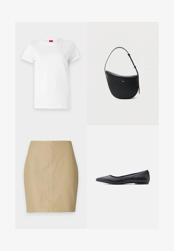 Hvid kortærmet t-shirt lavet af letvægts bomuld. Har en rund halsudskæring og rullede ærmer. Rød logoetiket på kraven.; Beige læder mini nederdel med en tætsiddende design, glat tekstur og en central søm, der løber lodret ned ad ryggen.; Sort flad lædersko med spidst tåparti og lav hæl, vist i sideprofil mod en hvid baggrund.; Sort halv-måne skuldertaske i læder med justerbar rem og guld "BOSS"-logo centreret foran.