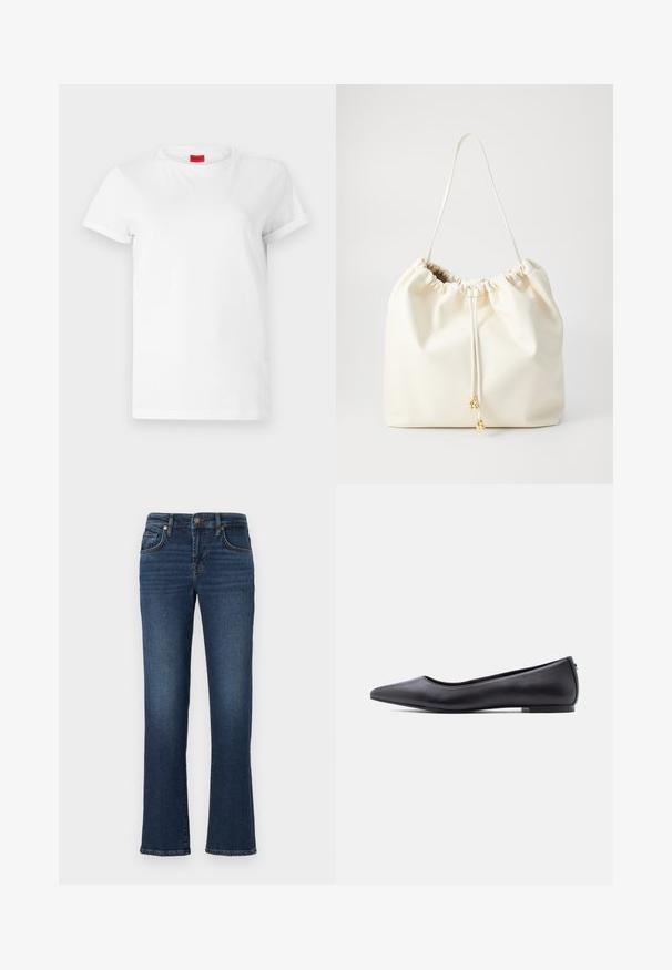 Hvid kortærmet t-shirt lavet af letvægts bomuld. Har en rund halsudskæring og rullede ærmer. Rød logoetiket på kraven.; Mørkeblå denim jeans med lige ben, der har frontlommer, lynlås og bløde falmede områder langs lårerne.; Sort flad lædersko med spidst tåparti og lav hæl, vist i sideprofil mod en hvid baggrund.; Hvid, blød imiteret læder trækpose med en sammensnøret top, justerbar rem og hardware i guldtonet. Glat tekstur med minimalistisk design.