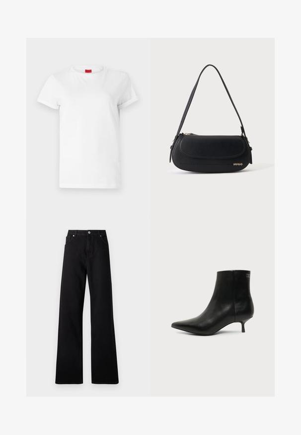 Witte T-shirt met korte mouwen, gemaakt van lichtgewicht katoen. Heeft een ronde hals en opgerolde mouwen. Rode merketiket op de kraag.; Zwarte wide-leg jeans van denim met een vijf-pockets ontwerp, voorste knoopsluiting en subtiele stikdetails.; Zwart leren enkellaars met puntige neus en lage kittenhak op lichte achtergrond, zijaanzicht buitenkant.; Zwarte leren schoudertas met gebogen klep, gouden "HUGO" logo aan de voorkant en een enkele verstelbare riem.