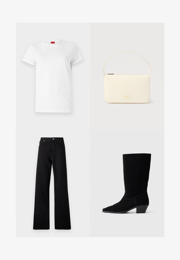 T-shirt blanc à manches courtes en coton léger. Présente un col rond et des manches retroussées. Étiquette logo rouge sur le col.; Jean large noir en denim avec un design à cinq poches, fermeture à bouton à l'avant et détails de couture subtils.; Bottine en daim noir avec un bout pointu, tige de hauteur moyenne et un talon épais. Présente des coutures minimales et une texture lisse.; Sac à main rectangulaire de couleur crème avec une seule sangle et une fermeture éclair sur le dessus, comportant une petite plaque de logo embossé à l'avant.