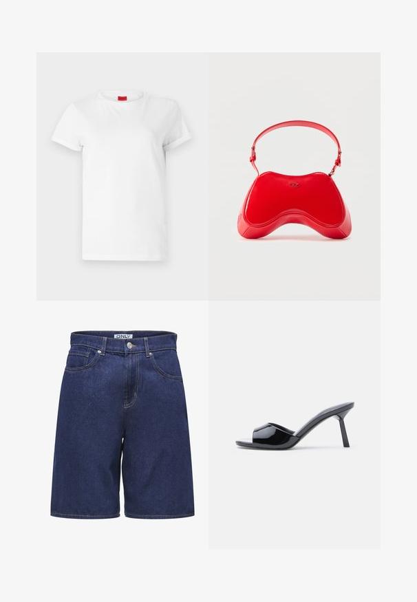 Hvid kortærmet t-shirt lavet af letvægts bomuld. Har en rund halsudskæring og rullede ærmer. Rød logoetiket på kraven.; Mørkeblå denimshorts med et klassisk fem-lomme design. Har sølvknap og kontrasterende gul syning langs sømmene.; Sorte laklæder sandaletter med åben tå, der har et buet overdesign og en spids stilethæl. Glat, blank finish.; Rød taske i laklæder med en buet, ergonomisk form, der har en tynd justerbar rem og en diskret logodetalje foran.