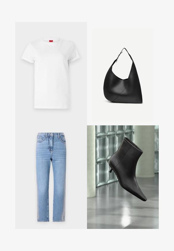 Weißes Kurzarm-T-Shirt aus leichtem Baumwollstoff. Hat einen runden Halsausschnitt und umgeschlagene Ärmel. Rotes Logo-Tag am Kragen.; Hellblaue Denim-Jeans mit geradem Schnitt, ausgestattet mit einem Knopf- und Reißverschluss, fünf Taschen und leicht verwaschenem Stoff an den Beinen.; Schwarzer Leder-Knöchelstiefel mit spitzer Spitze und kleinem Absatz vor einer Wand aus Glasbausteinen und einem polierten Boden.; Schwarze Leder-Schultertasche mit geschwungener dreieckiger Form, einem verstellbaren Einzelriemen und sichtbarer diagonaler Naht auf der Vorderseite.