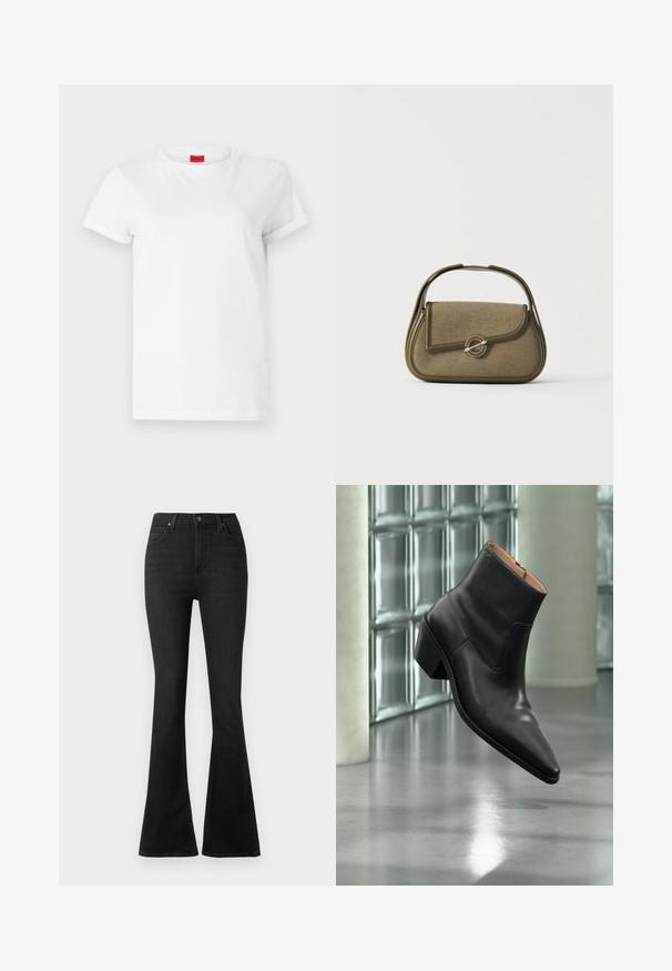 Hvid kortærmet t-shirt lavet af letvægts bomuld. Har en rund halsudskæring og rullede ærmer. Rød logoetiket på kraven.; Sorte flare jeans lavet af denim, med høj talje, forlommer og et klassisk fem-lomme design med metal knap hardware.; Sort læderankelstøvle med spids tå og blokhæl, der svæver over en reflekterende grå gulv nær en væg af glasblokke.; Lille olivengrøn håndtaske med afrundede kanter, et topgreb og en klaplukning sikret med en cirkulær metalbeslag.