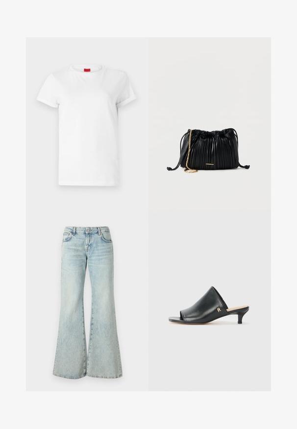 Witte T-shirt met korte mouwen, gemaakt van lichtgewicht katoen. Heeft een ronde hals en opgerolde mouwen. Rode merketiket op de kraag.; Lichtblauwe flared jeans van denim, met een hoge taille, zakken en rafelige zomen. De stof heeft een vervaagde wassing en een subtiele textuur.; Zwarte leren open teen muiltjes met een lage hak. Heeft een glad oppervlak en een gouden logo accent aan de zijkant.; Zwarte plissé leren handtas met trekkoord, gouden kettingriem en een klein horizontaal gouden accent aan de voorkant.
