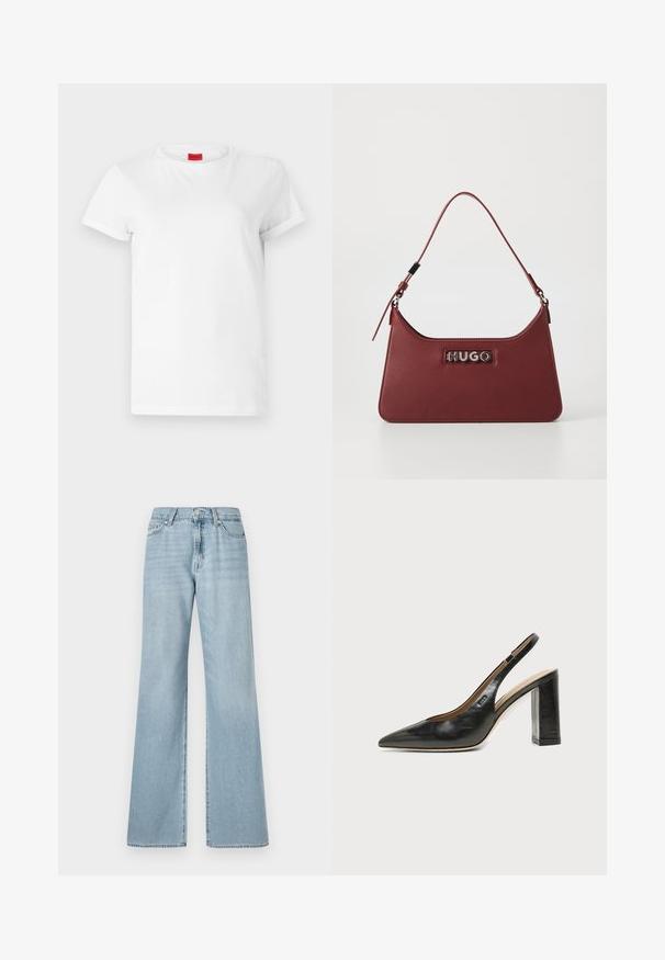 Weißes Kurzarm-T-Shirt aus leichtem Baumwollstoff. Hat einen runden Halsausschnitt und umgeschlagene Ärmel. Rotes Logo-Tag am Kragen.; Hellblaue weit geschnittene Jeans aus Denim, mit hoher Taille, Fronttaschen und dezentem Verblassen des Stoffs.; Schwarzer Leder-Slingback-Schuh mit spitzer Kappe, hohem Blockabsatz und beigegefüttertem Innenraum vor hellem, einfarbigem Hintergrund.; Kleine rechteckige burgunderfarbene Lederhandtasche mit verstellbarem Riemen und silberner "HUGO"-Logoplatte auf der Vorderseite.