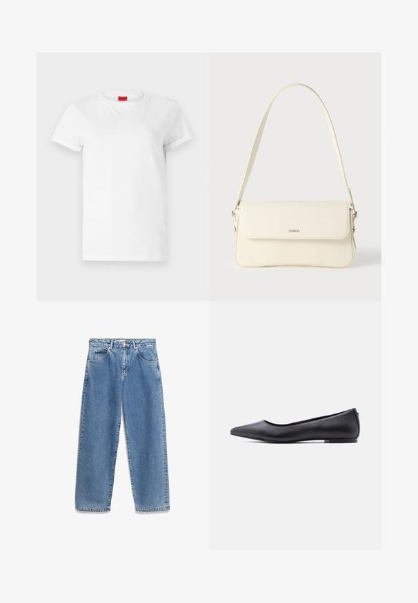 Witte T-shirt met korte mouwen, gemaakt van lichtgewicht katoen. Heeft een ronde hals en opgerolde mouwen. Rode merketiket op de kraag.; Blauwe denim jeans met een rechte pijp, vijf zakken, zichtbare stiksels en een knoopsluiting. Materiaal heeft een licht vervaagde textuur.; Zwarte platte leren schoen met puntige neus en lage hak, zijaanzicht tegen een witte achtergrond.; Schoudertas van crèmegekleurd leer met een klepafsluiting, zilverkleurige hardware, een enkele verstelbare riem en subtiele logodetails.