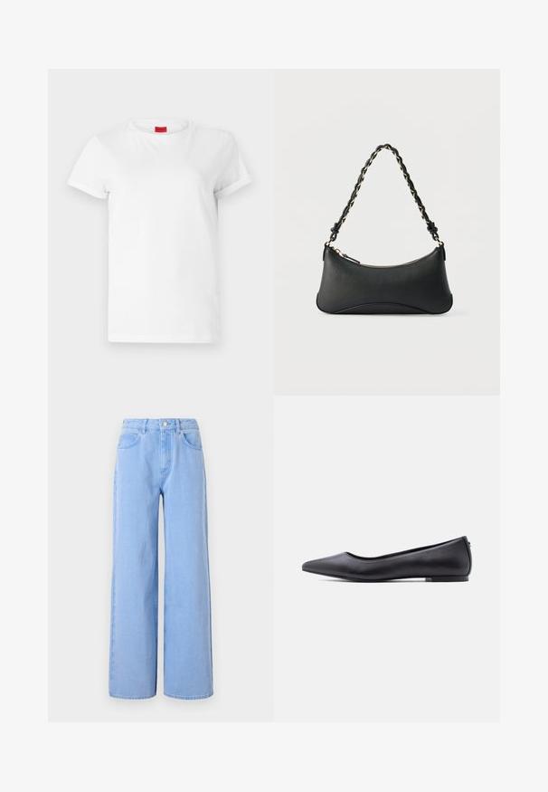 Witte T-shirt met korte mouwen, gemaakt van lichtgewicht katoen. Heeft een ronde hals en opgerolde mouwen. Rode merketiket op de kraag.; Lichtblauwe wijde denim jeans. Heeft een aangesloten taille met riemlussen en voorzakken, stiksel details en een schone zoom.; Zwarte platte leren schoen met puntige neus en lage hak, zijaanzicht tegen een witte achtergrond.; Zwarte lederen schoudertas met een gebogen rechthoekige vorm, gouden ketting verweven in een gevlochten zwarte band, en een ritssluiting bovenop.