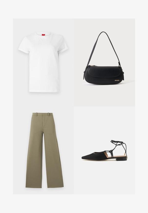 Camiseta blanca de manga corta hecha de algodón ligero. Presenta un escote redondo y mangas enrolladas. Etiqueta de logo roja en el cuello.; Pantalones de pierna ancha en oliva claro con una textura suave, con cremallera frontal, cinturilla con trabillas y dos bolsillos laterales.; Zapato plano negro con punta afilada, parte superior texturizada, lazos en los tobillos y un tacón bajo cuadrado. Presenta un patrón sutil en el material.; Bolso de hombro de cuero negro con solapa curva, logo dorado "HUGO" en el frente y una correa ajustable.