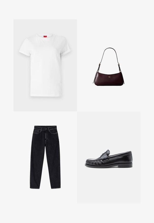 Hvid kortærmet t-shirt lavet af letvægts bomuld. Har en rund halsudskæring og rullede ærmer. Rød logoetiket på kraven.; Sorte højtaljede jeans med lige ben, foran med knap, lynlås, bæltestropper og fem lommer, vist på en hvid baggrund.; Sorte læderloafers med rundet tå, karakteristisk syning og en dekorativ rem over vampen. Glat finish og lav hæl.; Mørk bordeaux læderhåndtaske med en tynd sort skulderrem og lille gyldent "cK" logo foran i midten.