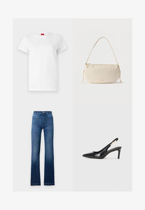 Hvid kortærmet t-shirt lavet af letvægts bomuld. Har en rund halsudskæring og rullede ærmer. Rød logoetiket på kraven.; Blå denim flared jeans med fem lomme-design, knaplukning og synlige sømme langs sømmene, med en let falmet finish.; Sort læder slingback højhælede sko med spidse tæer, glat overflade og en smal ankelrem med guldfarvede hardware detaljer.; Kræmmerhvid lille skuldertaske med enkelt rem, lynlås og diskret gyldent mærkelogo på forsiden.