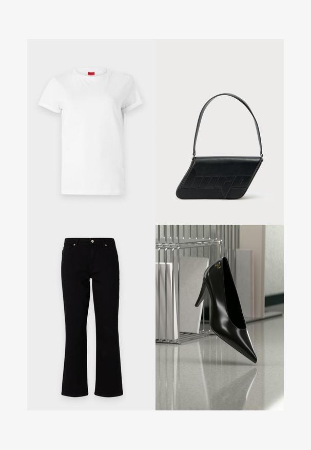 Hvid kortærmet t-shirt lavet af letvægts bomuld. Har en rund halsudskæring og rullede ærmer. Rød logoetiket på kraven.; Sorte denim flared jeans med mid-rise talje, to forlommer og en enkelt baglomme. Med guldtonet knap og lynlås.; Sort højhælet sko med spids tå og guldlogo, placeret på en reflekterende overflade nær en krom trådfilholder med dokumenter.; Sort skuldertaske i læder med trekantet form, præget logo og en enkelt justerbar rem. Minimalistisk design med glat tekstur.