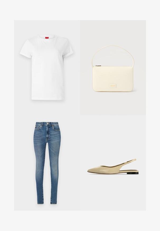 Witte T-shirt met korte mouwen, gemaakt van lichtgewicht katoen. Heeft een ronde hals en opgerolde mouwen. Rode merketiket op de kraag.; Hoge taille skinny jeans in lichtblauwe denim, met vijf zakken, riemlussen en een rits met knoopsluiting.; Beige platte slingback schoen met puntige neus, lage zwarte hak en een glad leren afwerking, zijaanzicht op een effen achtergrond.; Roomkleurige rechthoekige handtas met een enkele draagband en een ritssluiting aan de bovenkant, met een klein ingegraveerd logoplacaat op de voorkant.