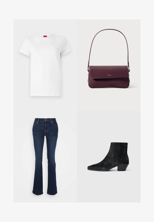 Hvid kortærmet t-shirt lavet af letvægts bomuld. Har en rund halsudskæring og rullede ærmer. Rød logoetiket på kraven.; Mørkeblå udvidede jeans lavet af denim; høj talje, fem lommer, guld hardware accenter og glat tekstur med subtil fading ved lårene.; Sort ankelstøvle med spidse tæer, tekstureret håragtigt materiale, ribbet sidepanel og en lav, firkantet hæl. Simpelt og moderne design.; Bordeauxfarvet lædertaske med et struktureret design, der har en klaplukning og en justerbar rem. Logo detaljer præget på forsiden.