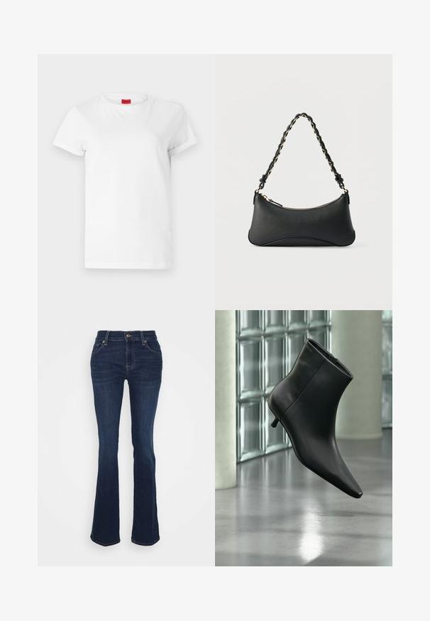 T-shirt blanc à manches courtes en coton léger. Présente un col rond et des manches retroussées. Étiquette logo rouge sur le col.; Jean évasé bleu foncé en denim ; taille haute, cinq poches, accents en métal doré et texture lisse avec un léger dégradé au niveau des cuisses.; Bottine en cuir noir à bout pointu et petit talon kitten, présentée en angle devant un sol poli et un mur en blocs de verre.; Sac à bandoulière en cuir noir de forme rectangulaire incurvée, avec une chaîne dorée tissée dans la bandoulière noire tressée et une fermeture éclair sur le dessus.