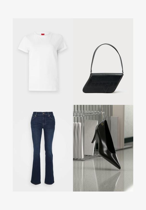 T-shirt blanc à manches courtes en coton léger. Présente un col rond et des manches retroussées. Étiquette logo rouge sur le col.; Jean évasé bleu foncé en denim ; taille haute, cinq poches, accents en métal doré et texture lisse avec un léger dégradé au niveau des cuisses.; Chaussure noire à talon haut avec bout pointu et logo doré, posée sur une surface réfléchissante près d'un organiseur de dossiers en fil chromé contenant des documents.; Sac d'épaule en cuir noir de forme triangulaire, avec un logo embossé et une seule bandoulière réglable. Design minimaliste avec une texture lisse.